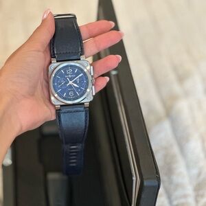 BELL & ROSS BR03-94 Blue Steel Watch Automatic Chronograph 42mm Leather Band